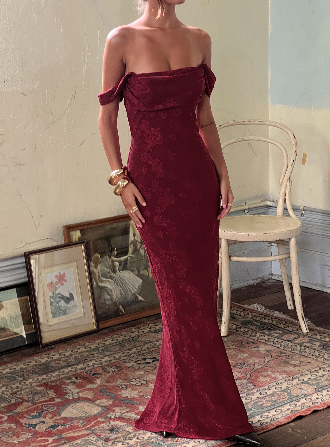 Azura Off The Shoulder Maxi Dress Burgundy