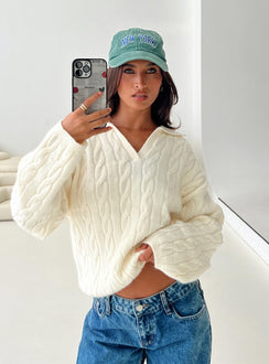 front view of model wearing Princess Polly Brodey Collared Cable Knit Sweater Cream Long 