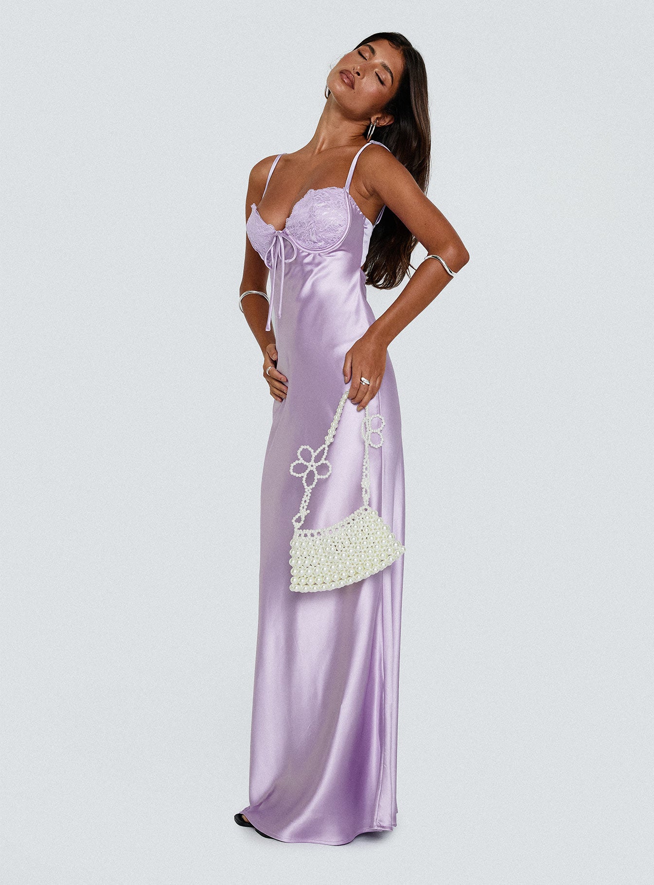 side view of model wearing Princess Polly Fadyen Bias Cut Maxi Dress Lilac Sweetheart Neckline 
