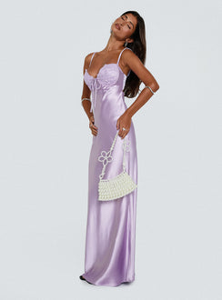 side view of model wearing Princess Polly Fadyen Bias Cut Maxi Dress Lilac Sweetheart Neckline 