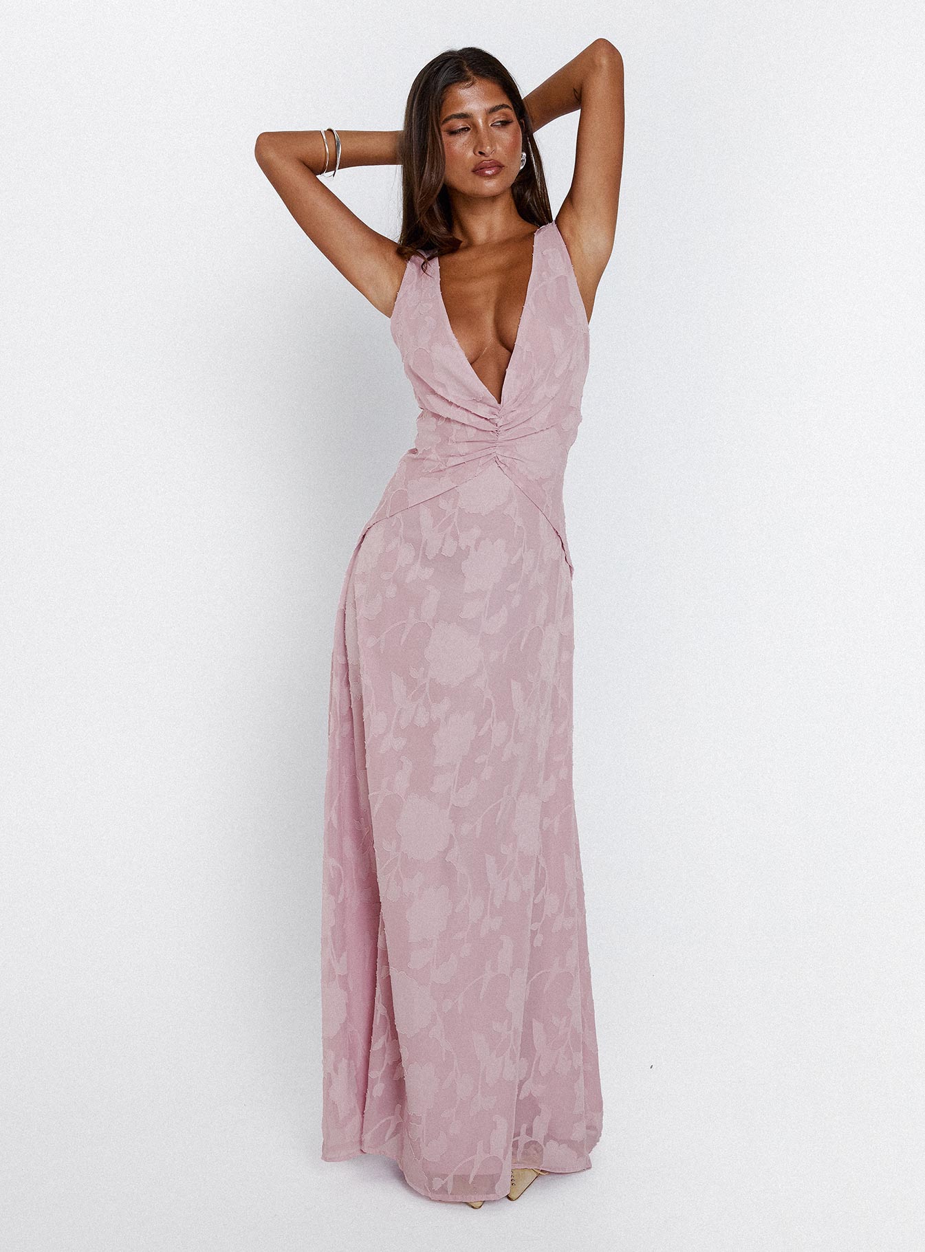 back view of model wearing Princess Polly Frederica Plunge Burnout Maxi Dress Mauve Plunger 