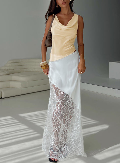   front view of model wearing Princess Polly Castelli Lace Maxi Skirt White Maxi 