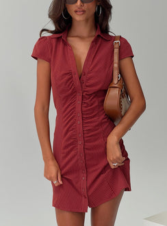front view of model wearing Princess Polly Arianwyn Mini Dress Burgundy V-Neck 