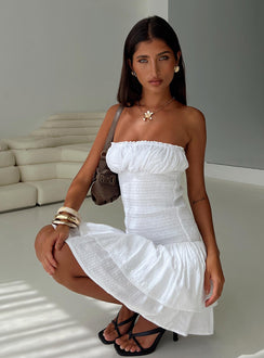 side view of model wearing Princess Polly Delfie Strapless Mini Dress White Straight Neck 