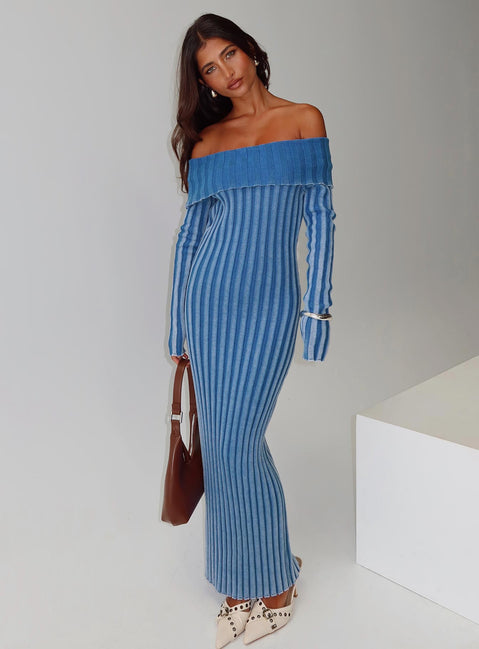 front view of model wearing Princess Polly Mariska Long Sleeve Rib Maxi Dress Blue Straight Neck 