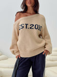 front view of model wearing Princess Polly Jadynn Off Shoulder Knit Sweater Cream 