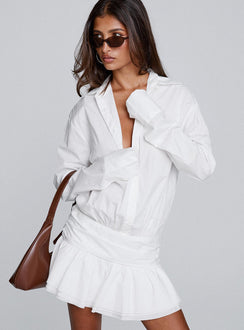 front view of model wearing Princess Polly Girls Girls Girls Mini Dress White V-Neck 