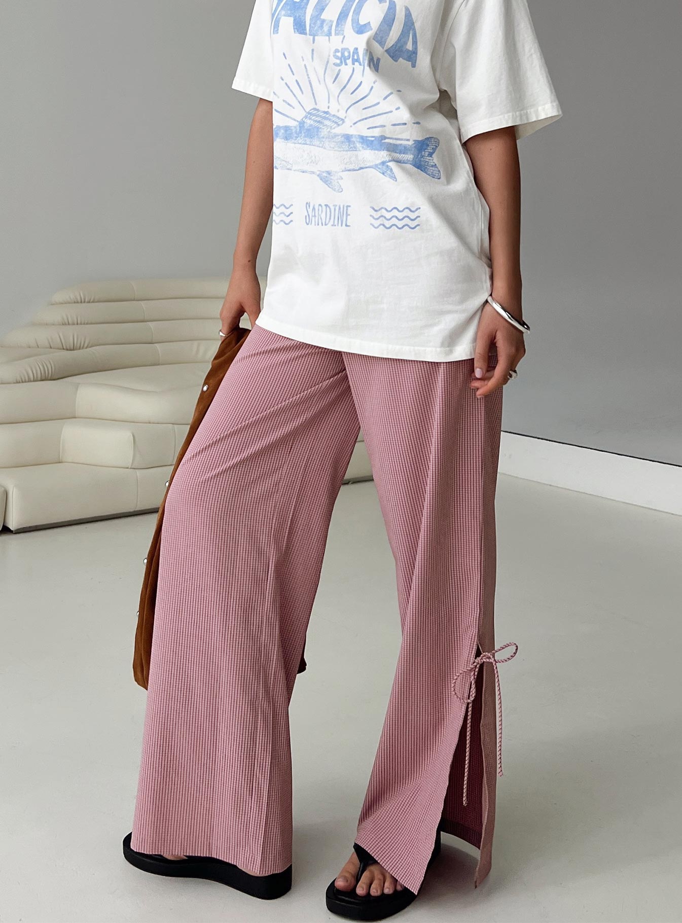 front view of model wearing Princess Polly Jinxie Tie Side Pants Pink Gingham High Waisted Pants 