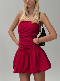 front view of model wearing Princess Polly Glamour Girl Strapless Bubble Hem Mini Dress Red Straight Neck 