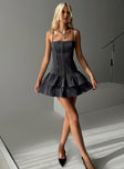 side view of model wearing Princess Polly Jazzmin Mini Dress Charcoal Square Neck 