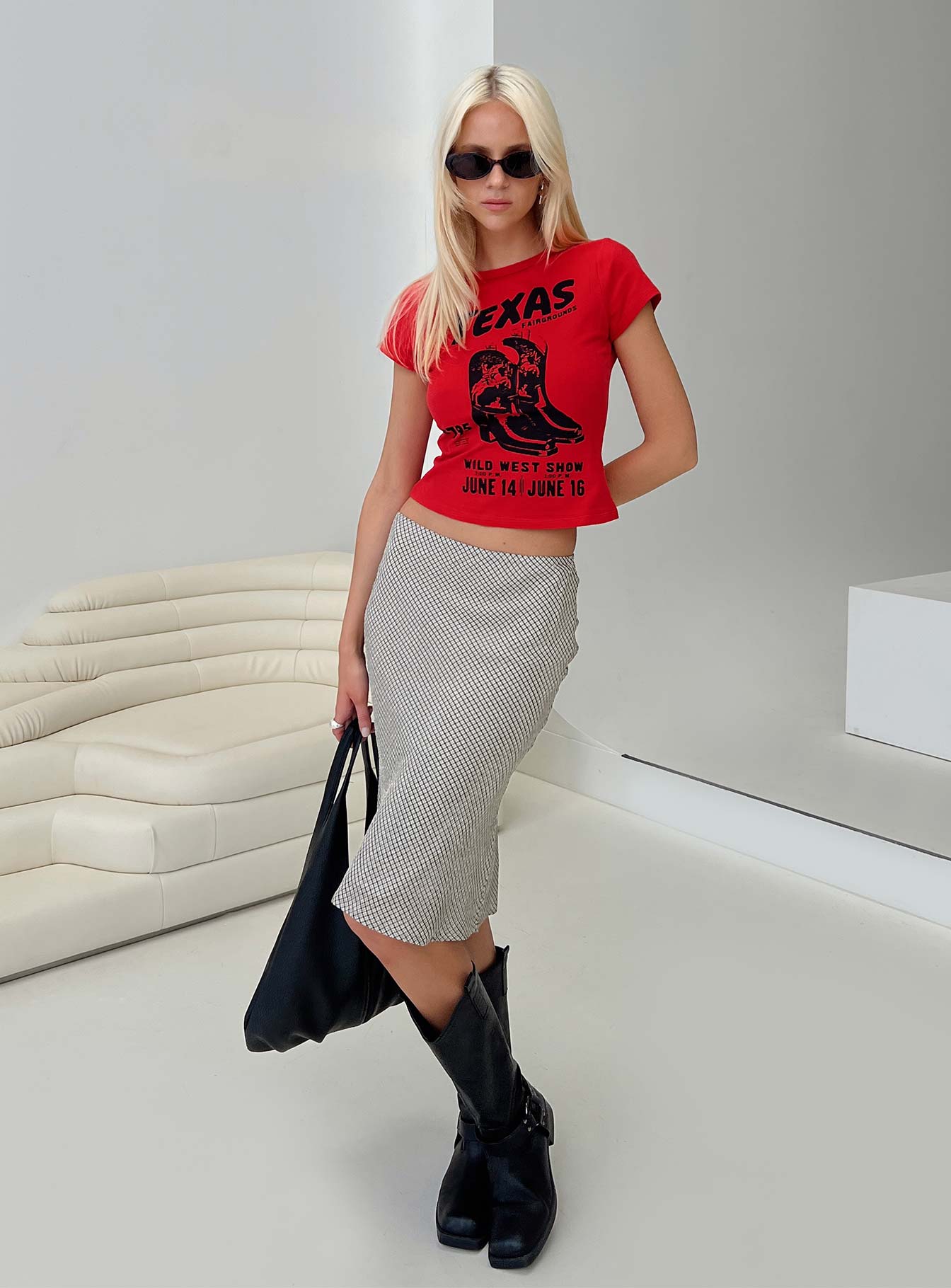 back view of model wearing Princess Polly Amren Midi Skirt Black / Beige Midi Skirts 