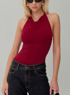 front view of model wearing Princess Polly Imposter Bodysuit Cherry Red Sleeveless Cowl 