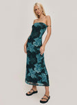 side view of model wearing Princess Polly Celik Maxi Dress Black / Blue Floral Straight Neck 