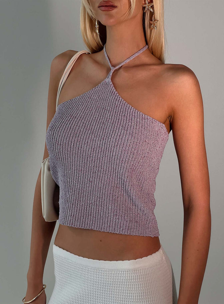 front view of model wearing Princess Polly Runaway Baby Top Purple Sleeveless Asymmetric Neckline 