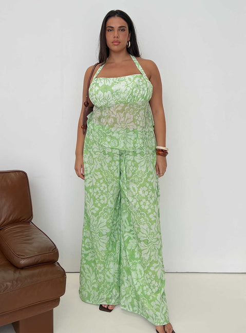 front view of model wearing Princess Polly Finesse Pants Green Floral Curve High Waisted Pants 