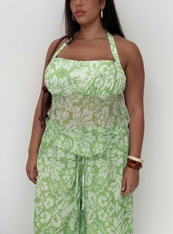 front view of model wearing Princess Polly Finesse Halter Top Green Floral Curve Sleeveless Square Neck 