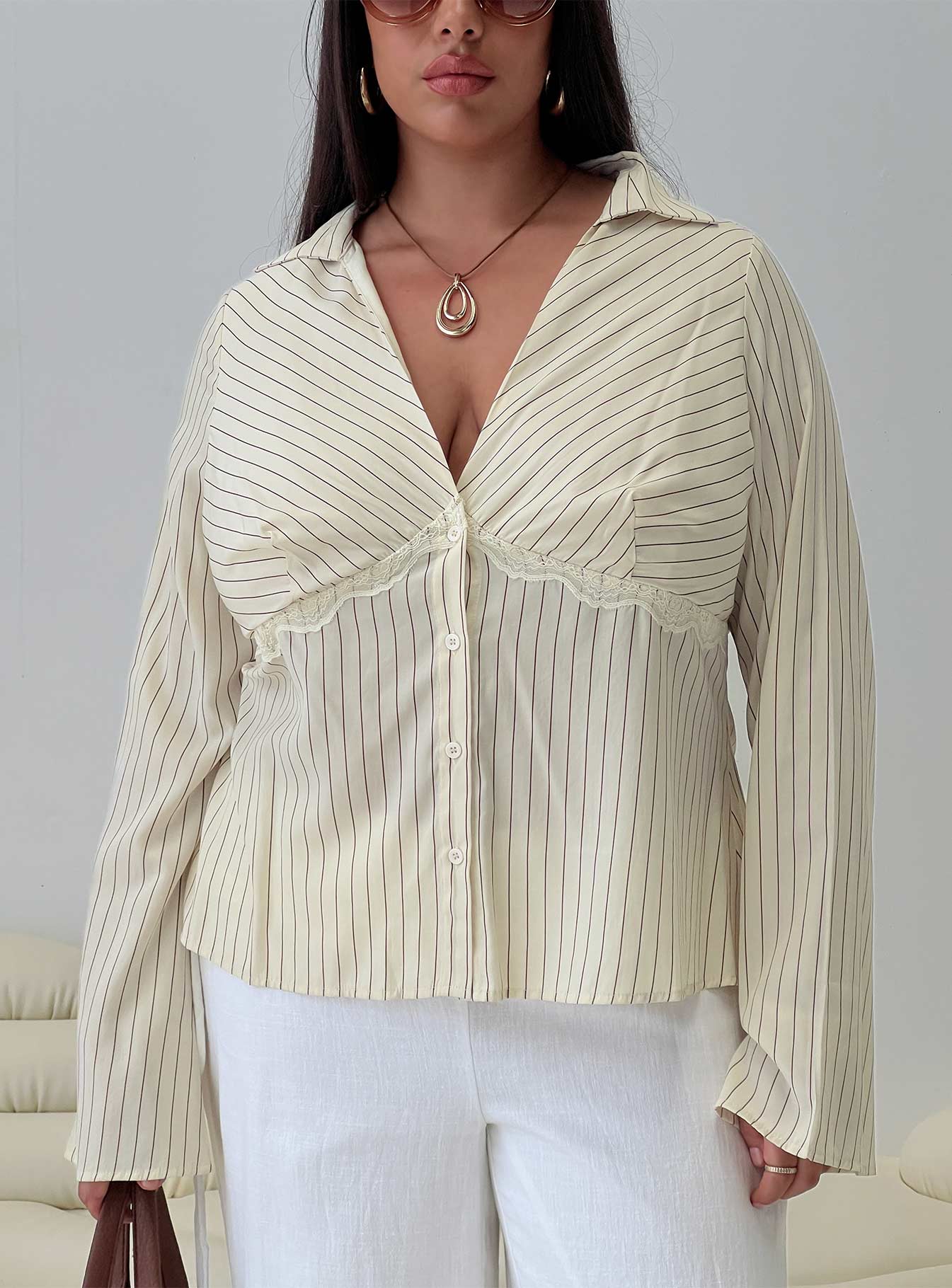 front view of model wearing Princess Polly Life Begins Long Sleeve Lace Trim Top Cream Stripe Curve Full Sleeves Plunger 