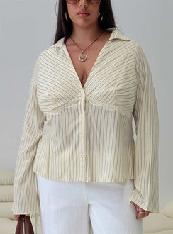 front view of model wearing Princess Polly Life Begins Long Sleeve Lace Trim Top Cream Stripe Curve Full Sleeves Plunger 