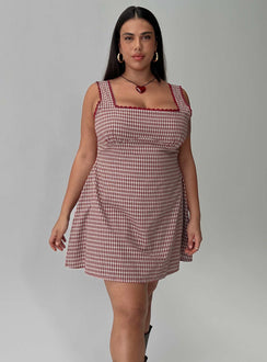 front view of model wearing Princess Polly Dasha Mini Dress Red Check Curve Square Neck 