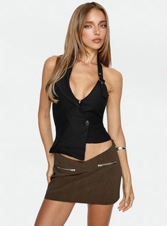   front view of model wearing Princess Polly Jordain V-Waist Mini Skirt Brown Mini Skirts 