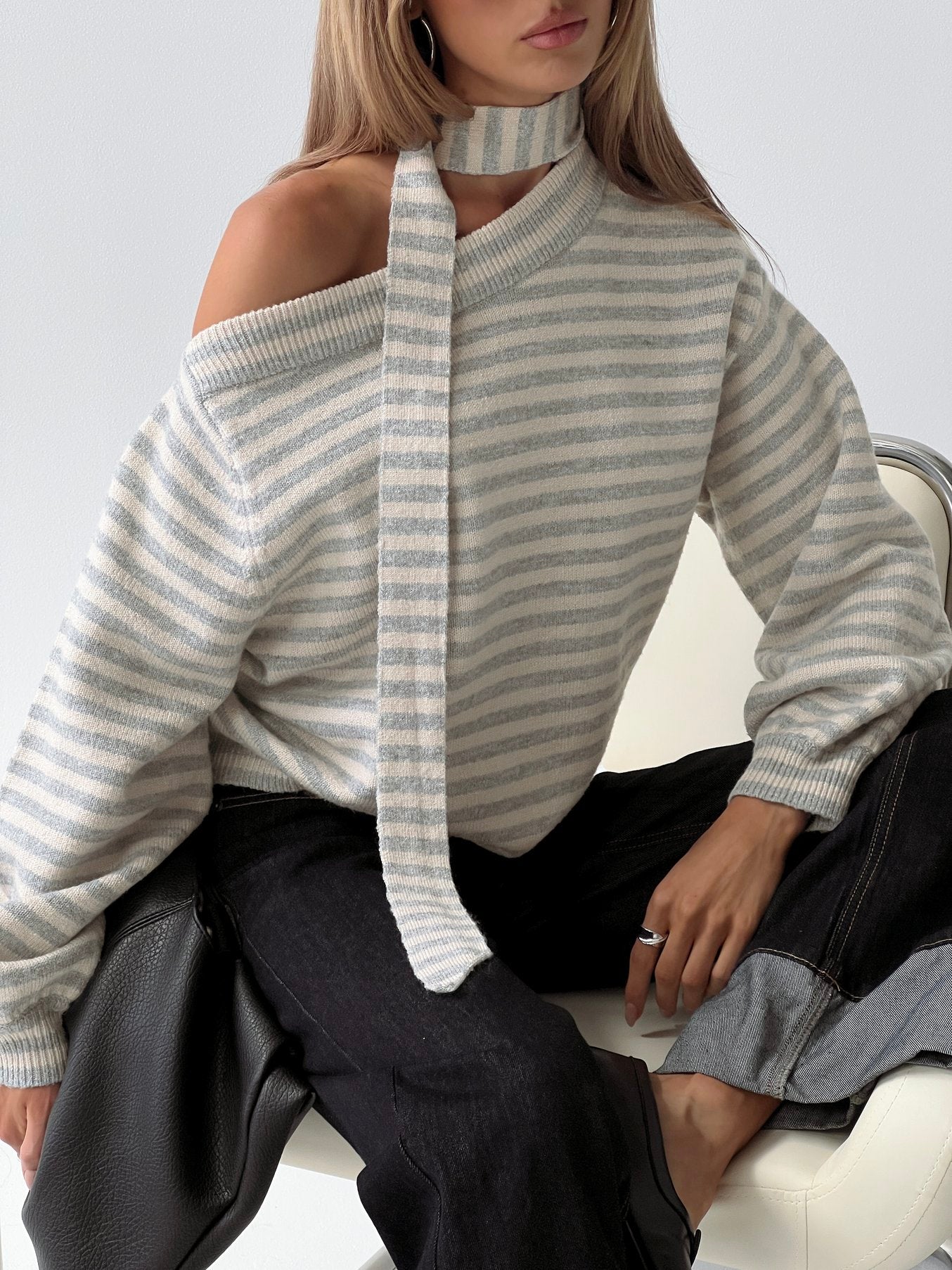 front view of model wearing Princess Polly Ruthi Scarf Off Shoulder Knit Sweater Neutral Stripe 