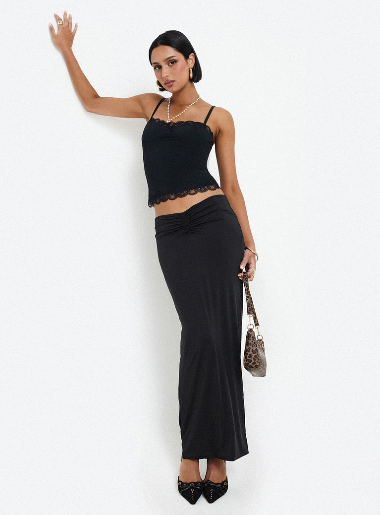   front view of model wearing Princess Polly Kalyn Ruched Front Maxi Skirt Black Maxi 