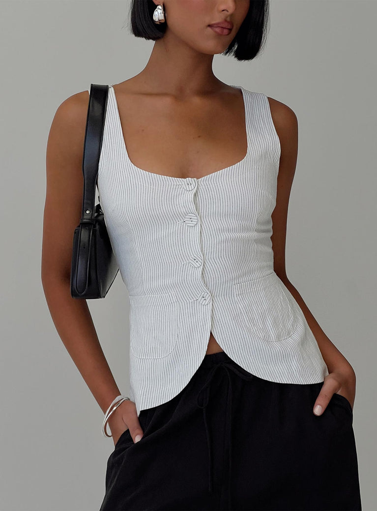 front view of model wearing Princess Polly Spirito Vest Top White Thin Stripe Sleeveless Square Neck 