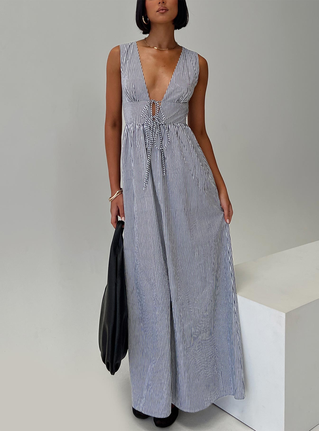 front view of model wearing Princess Polly Pokey Maxi Dress Black / White Stripe Plunger 