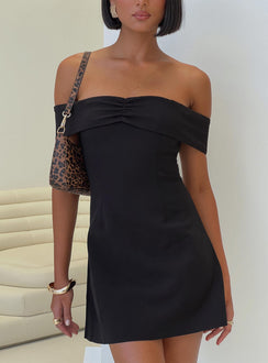 front view of model wearing Princess Polly Lanes Off The Shoulder Mini Dress Black Tall Sweetheart Neckline 