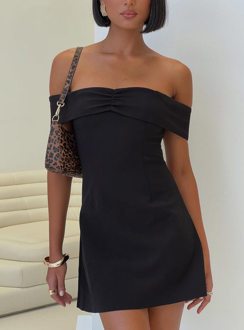 front view of model wearing Princess Polly Lanes Off The Shoulder Mini Dress Black Tall Sweetheart Neckline 