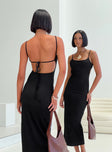 back view of model wearing Princess Polly Elestria Maxi Dress Black Scoop Neck 