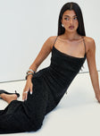 side view of model wearing Princess Polly Cutting Edge Maxi Dress Black Glitter Cowl Neck 