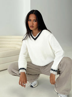 front view of model wearing Princess Polly Federation V Neck Knit Sweater White Long 