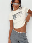 front view of model wearing Princess Polly Check Ur Id Top Ivory Short Sleeves Crew Neck 