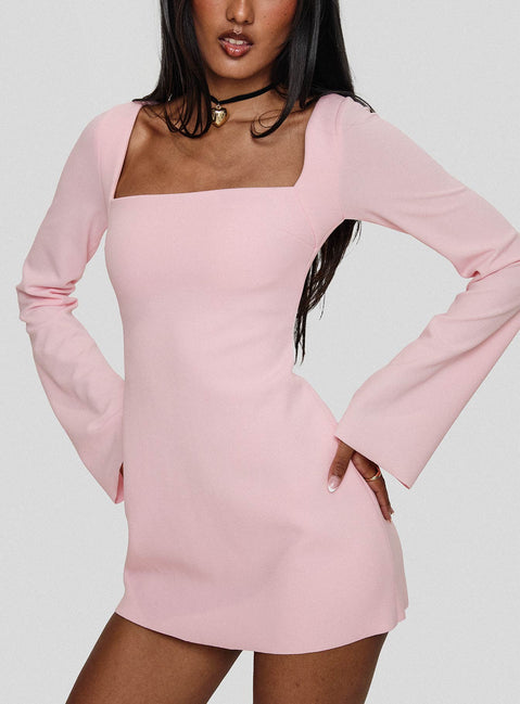 front view of model wearing Princess Polly Bombshell Long Sleeve Mini Dress Pink Square Neck 