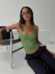 front view of model wearing Princess Polly Ezekiel Nylon Top Green Sleeveless Square Neck 