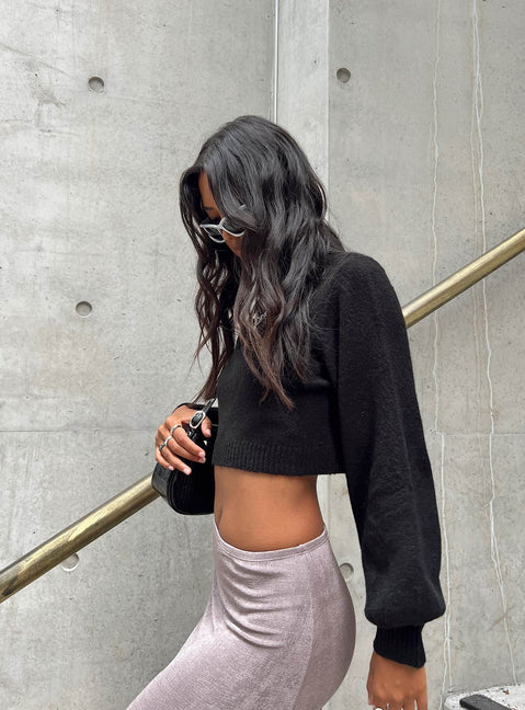 side view of model wearing Princess Polly Zahara Cropped Turtleneck Sweater Black Petite Cropped 