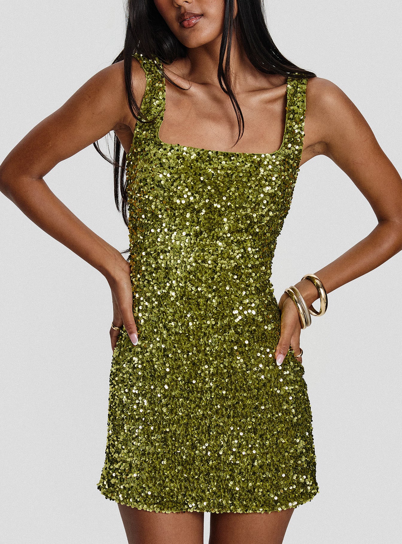 front view of model wearing Princess Polly Miss Me Sequin Mini Dress Chartreuse Square Neck 