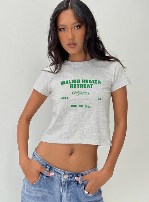 Front view of model wearing  front Princess Polly Short Sleeves Square Neck  Malibu Retreat Tee Grey