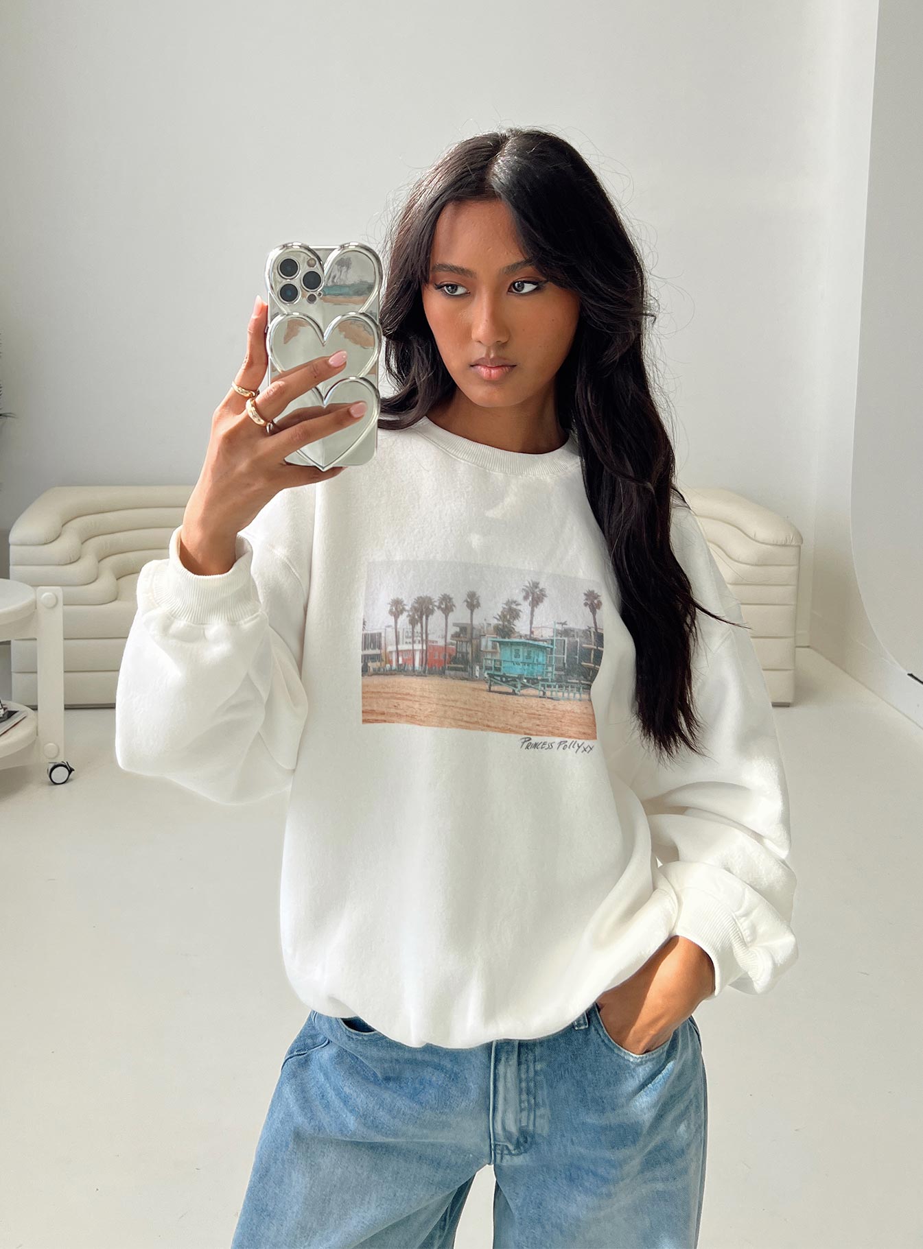 Cali Beach Crew Neck Sweatshirt White Princess Polly  Cropped 