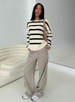 front view of model wearing Princess Polly Elenita Wide Neck Knit Sweater Black / White Long 