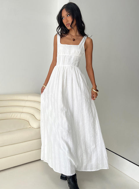Leaduty Women's Bohemian Square Neck Maxi Dress - Smocked Bust, Ruffle Hem (White, Large)
