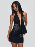 side view of model wearing Princess Polly Quotation Diamante Halter Backless Top Black Sleeveless Plunger 