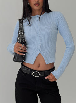 front view of model wearing Princess Polly Suzu Long Sleeve Top Blue Full Sleeves Crew Neck 