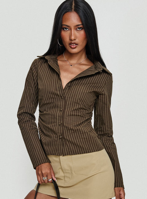 front view of model wearing Princess Polly Held My Hand Long Sleeve Top Brown Stripe Full Sleeves High Neck 