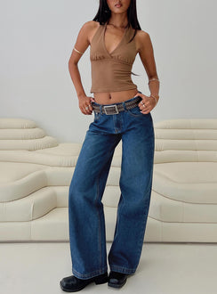 front view of model wearing Princess Polly Everlong Jean Dark Blue Wash Mid Rise 