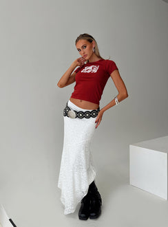   side view of model wearing Princess Polly Cattanio Lace Midi Skirt White Maxi 