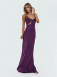 side view of model wearing Princess Polly Linger Bias Cut Maxi Dress Purple V-Neck 