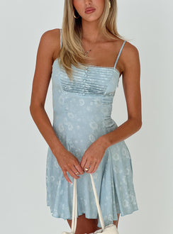 front view of model wearing Princess Polly Bluebird Jacquard Mini Dress Blue Square Neck 