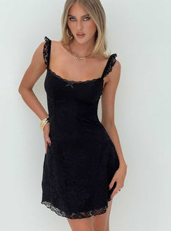 front view of model wearing Princess Polly Beacall Mini Dress Black Scoop Neck 